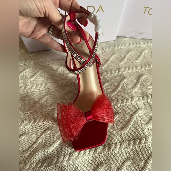 NEW! Top Moda Red Agatha Bow Style Rhinestone Ankle Strap Women’s 6.5 - Picture 15 of 16